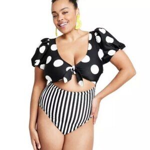 NWOT - TABITHA BROWN x Target One Piece Swimsuit Puff Sleeve Polka Dot Stripes